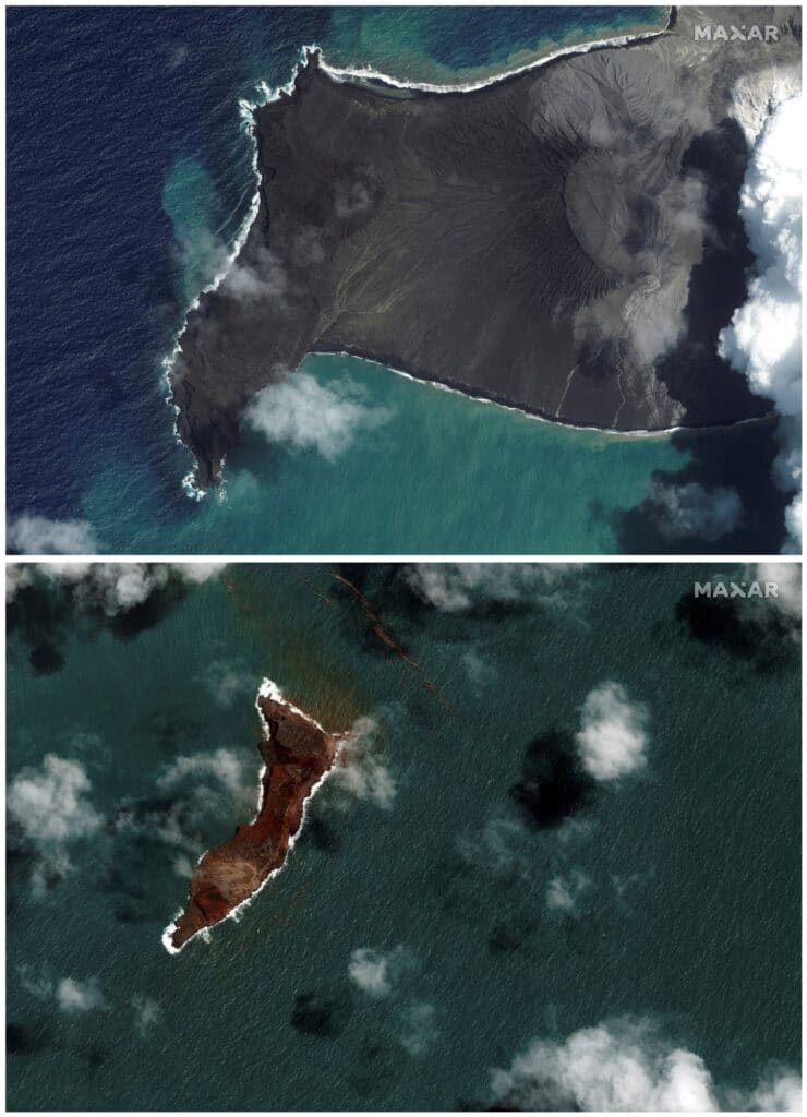 Kombinace satelitních snímků sopky Hunga Tonga-Hunga Ha'apai před erupcí 6. ledna (nahoře) a po erupci