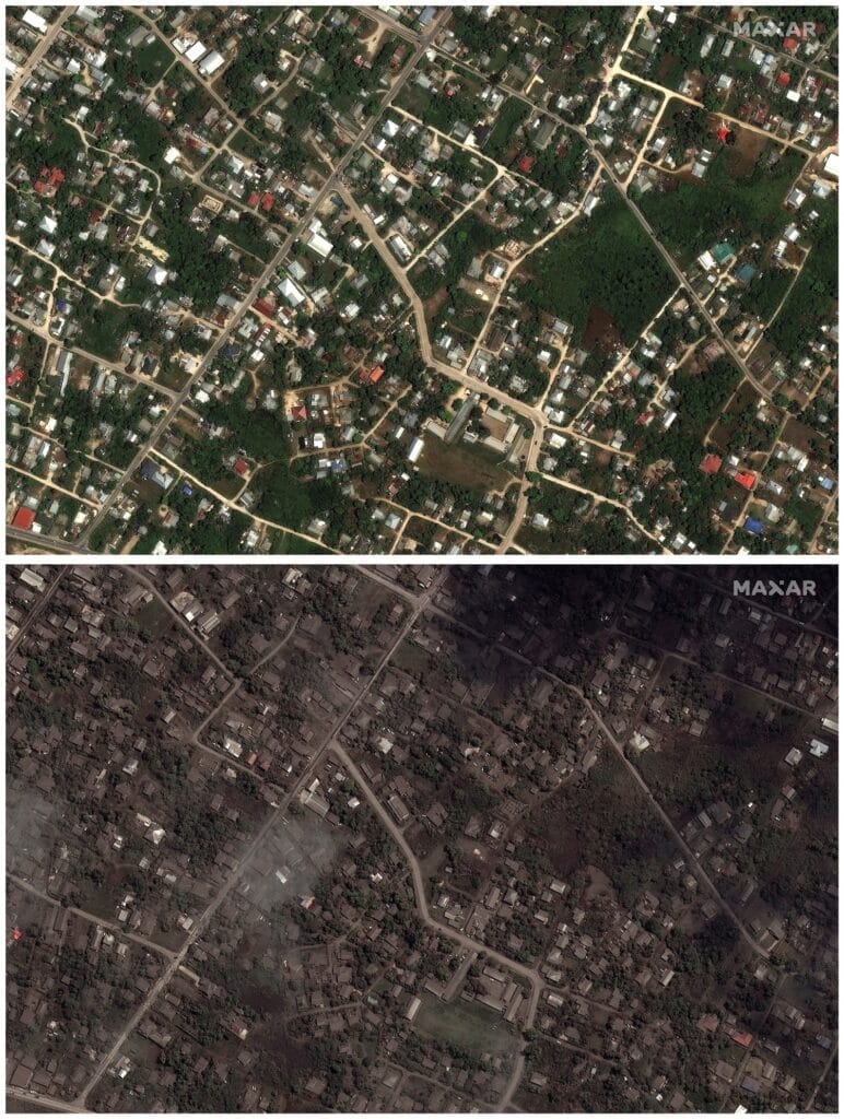 Satelitní snímky Tongy před a po erupci