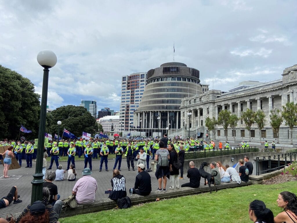 Stovky demonstrantů se shromáždily v blízkosti novozélandského parlamentu