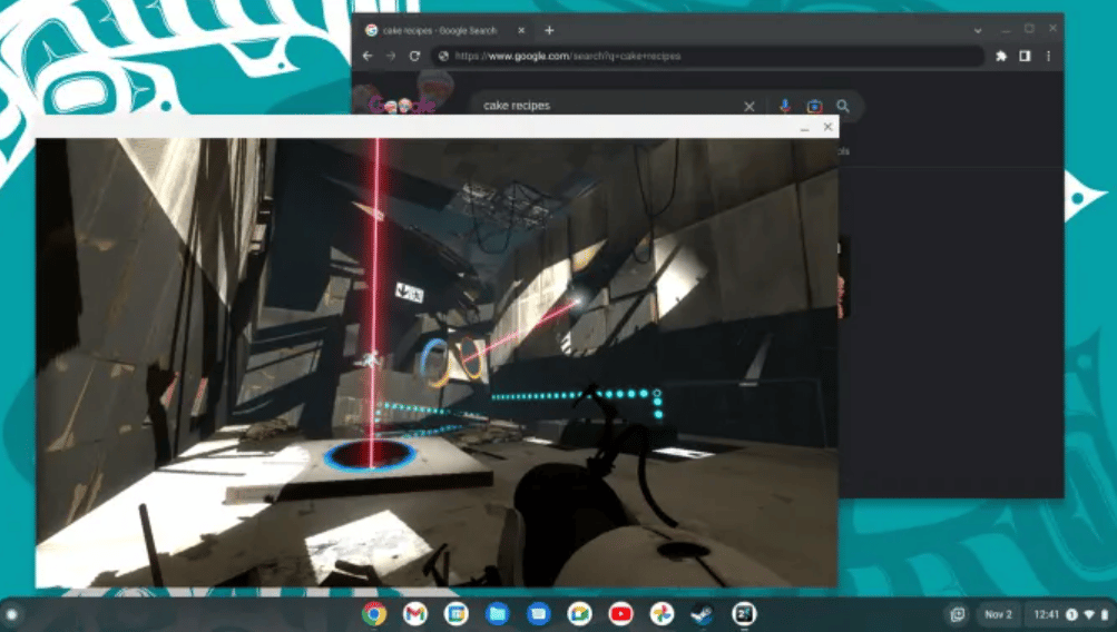 Hra Portal 2 běžící na ChromeOS skrz Steam