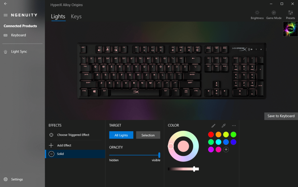 Aplikace NGENUITY od HyperX, která mimo jiné dokáže ovládat RGB světla