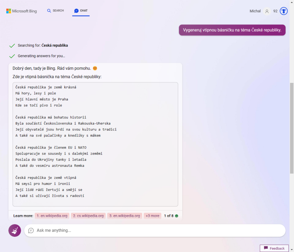 Bing Chat umí i česky