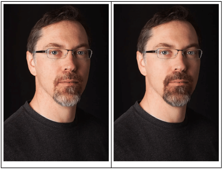 Srovnání před a po použití nových adaptivních předvoleb Polished Portrait a Darken Beard