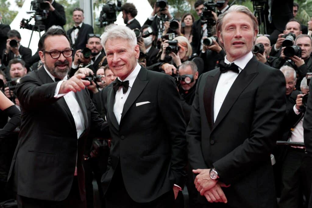 Režisér James Mangold a herci Harrison Ford a Mads Mikkelsen